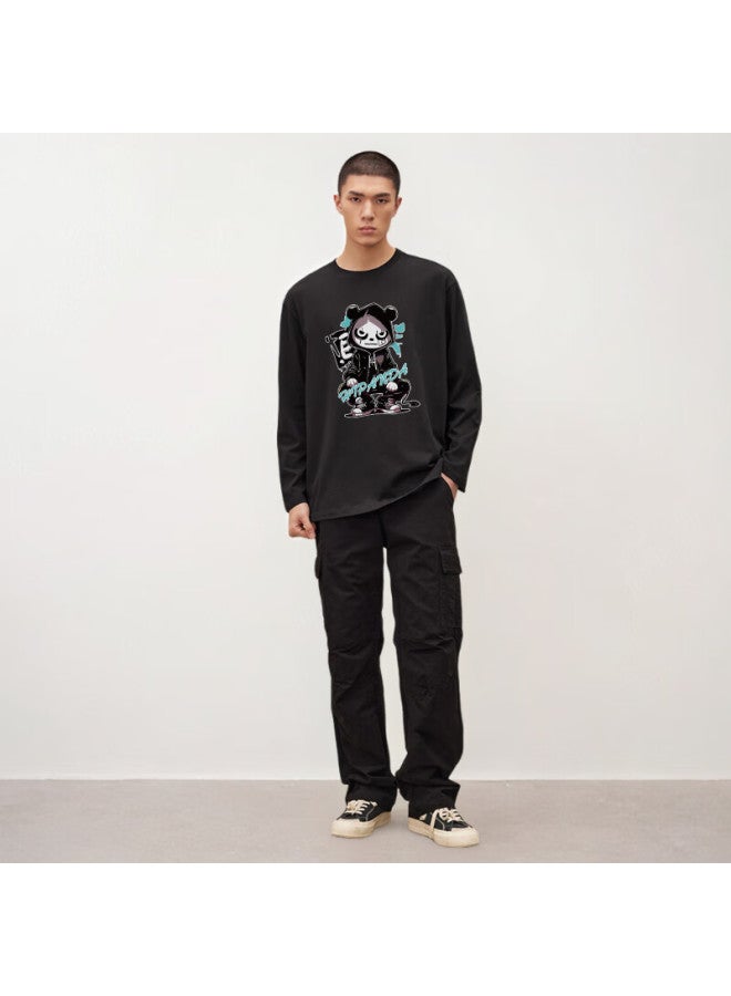 Hipanda Men's Long Sleeve T-shirt, Autumn Fashion Printed Versatile 240g Pure Cotton Skin-friendly Breathable Top, Black 2XL - Image 2