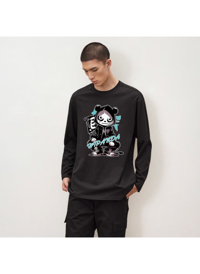 Hipanda Men's Long Sleeve T-shirt, Autumn Fashion Printed Versatile 240g Pure Cotton Skin-friendly Breathable Top, Black 2XL - Image 3