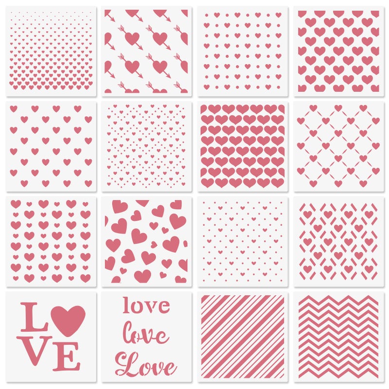 Royal Icing 6x6in Hearts Love Cookie Stencils 16 Pcs Reusable Plastic Biscuit Stencils with Assorted Sizes Heart Shapes Love Letters for Fondant Candy Baking