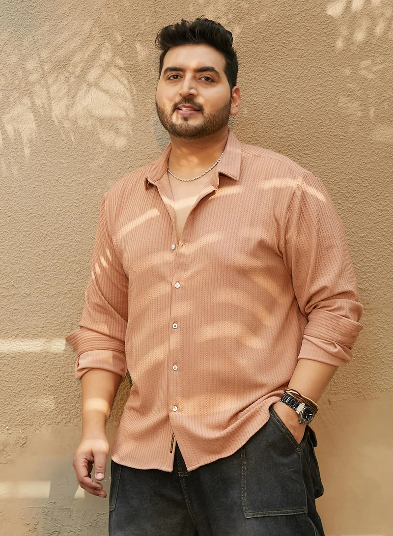 انستافاب بلس قميص رجالي بني رمادي مخطط بحبال للملابس الكاجوال بياقة عريضة وأكمام طويلة بأزرار مقاس كبير بتصميم مريح للاستخدام اليومي