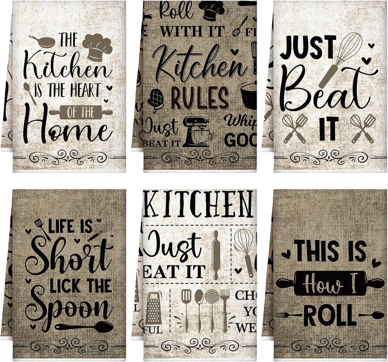 Bencailor 6 Pcs Simple Words Kitchen Towels Decorative Sets Dish Towels Absorbent Fast Drying Hand Tea Vintage Hanging Reusable Cleaning Dishcloths for Cooking Farmhouse Bathroom Accessory - Image 1