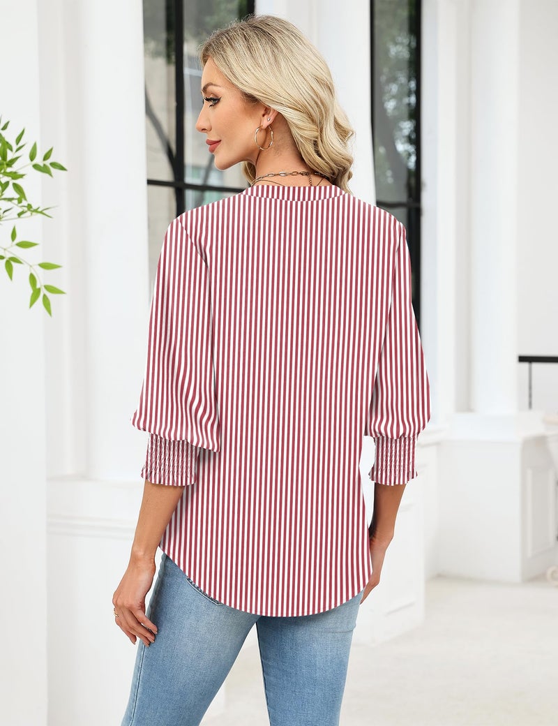 LOMON Button Down Shirts for Women 3/4 Length Sleeve Business Casual Blouses 2026 Summer Tops Red Stripes - Image 4