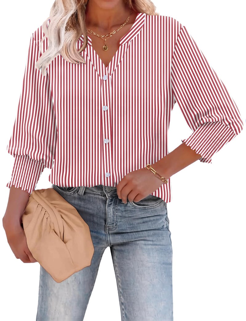 LOMON Button Down Shirts for Women 3/4 Length Sleeve Business Casual Blouses 2026 Summer Tops Red Stripes - Image 2
