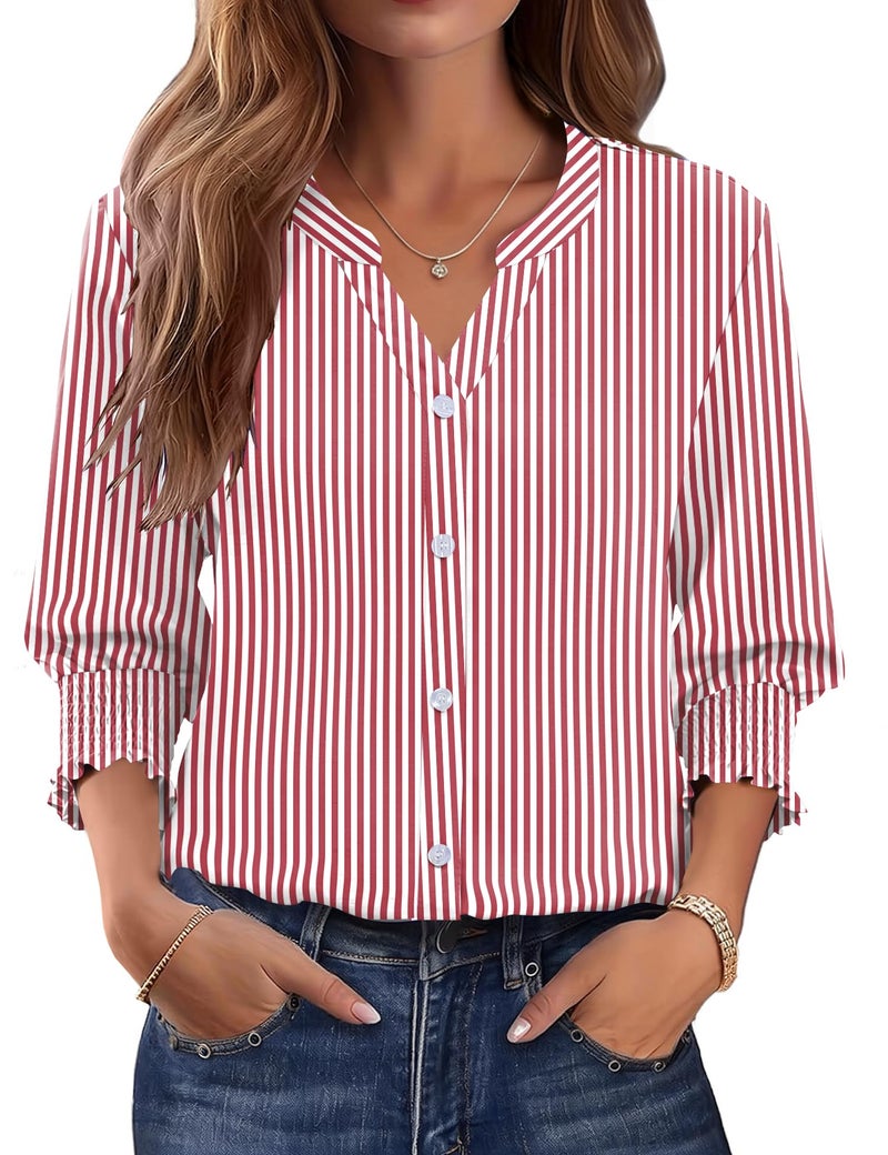 LOMON Button Down Shirts for Women 3/4 Length Sleeve Business Casual Blouses 2026 Summer Tops Red Stripes - Image 1