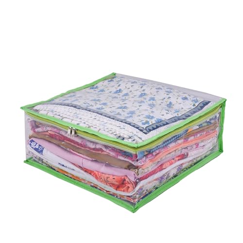 MBW Clothes Organiser for Wardrobe, Saree Covers with zip, Saree Organizer for Wardrobe, Clothes Storage Bag, Saree Bags Storage, Saree Covers for Storage, Transparent (Green - Pack of 9) - Image 2