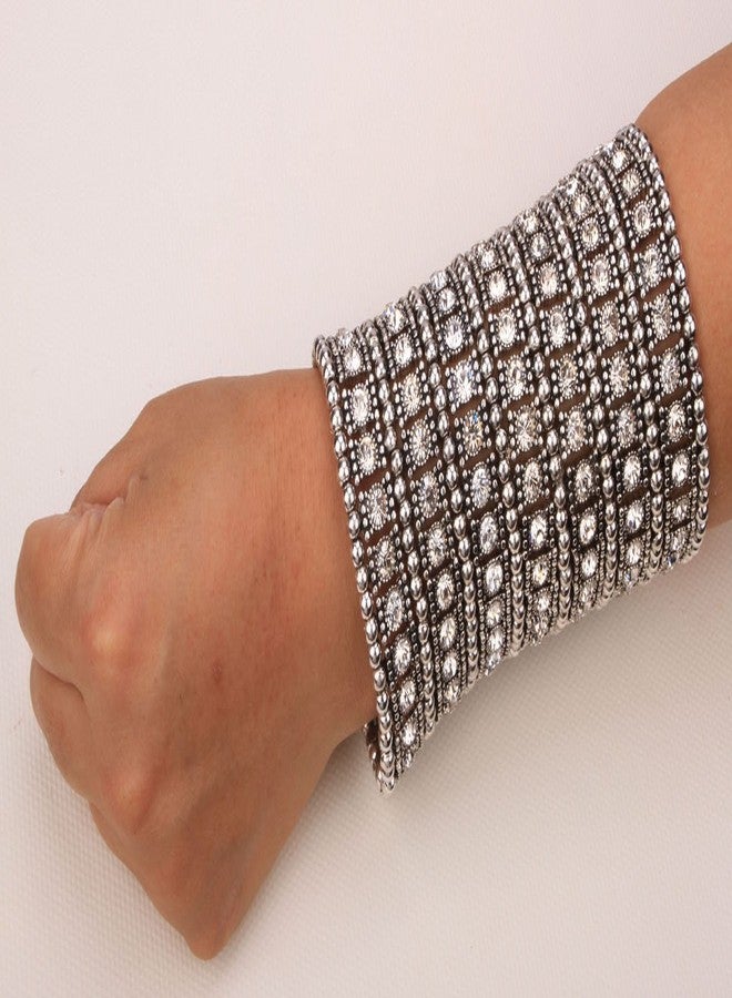 YACQ Women's Multilayer Big Stretch Cuff Bracelets Fit Wrist Size 7 to 7-4/5 Inch - Elastic Band & 7 Row Crystals Jewelry - 4-1/2 Inch Wide - Lead & Nickle Free - Image 2