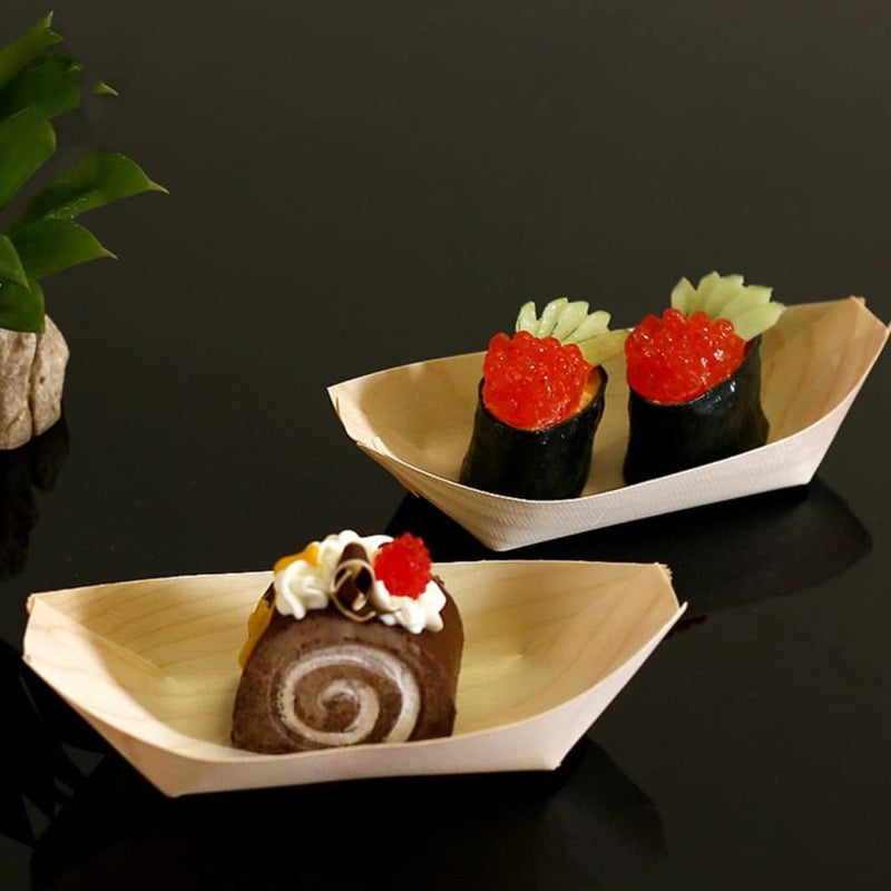 comfrt 50pcs Wooden Boat Disposable Wood Boat Plates Dishes Sushi Boat Sushi Serving Tray Leaf Boat Food Container Wood Bowl - Image 4