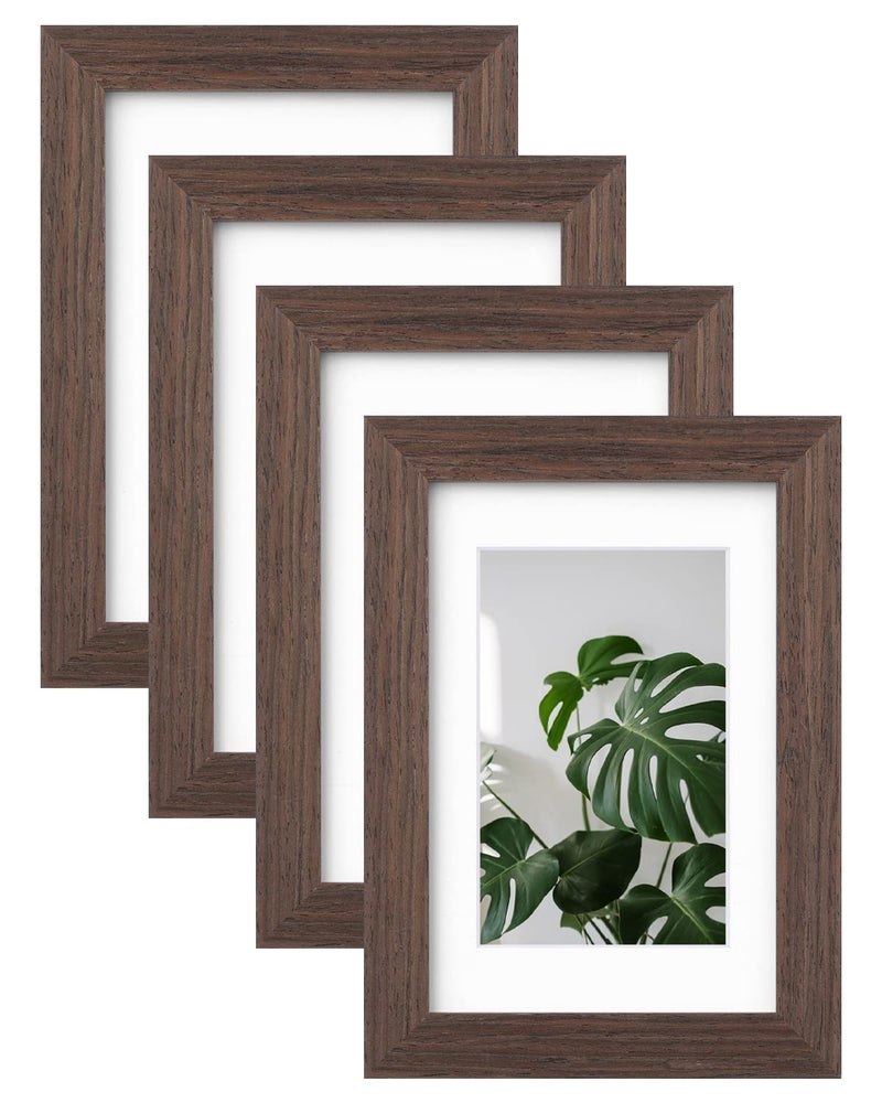 Egofine Egofine 4x6 Picture Frames Made of Solid Wood with Plexiglass  Display Pictures 3.5x5 with Mat or 4x6 Without Mat Set of 4 for Tabletop and Wall Mounting  Brown  - Image 1