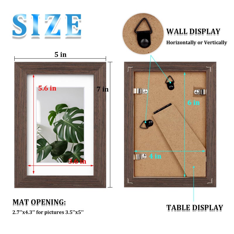 Egofine Egofine 4x6 Picture Frames Made of Solid Wood with Plexiglass  Display Pictures 3.5x5 with Mat or 4x6 Without Mat Set of 4 for Tabletop and Wall Mounting  Brown  - Image 3