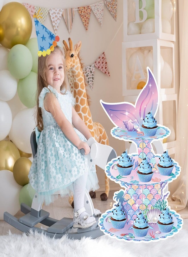 AGANS Mermaid Theme Cake Stand & Topper Set Birthday Party Decorations for Boys&Girls with Cardboard Cupcake Holders Kids Party Supplies (Mermaid) - Image 4