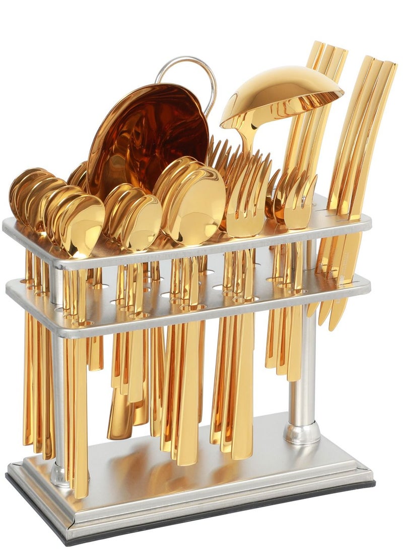 Life Smile Cutlery Set 38-Piece 18/10 Stainless Steel Spoon and Fork Set - Knife and Forks with cutlery holder - Tea & Ice Spoons, Soup Spoon, Ice Cream Spoon - Dinner & Cake Fork - Fruit Knife - Soup ladle - Rice Server - Service for 6 Gold  - Image 1