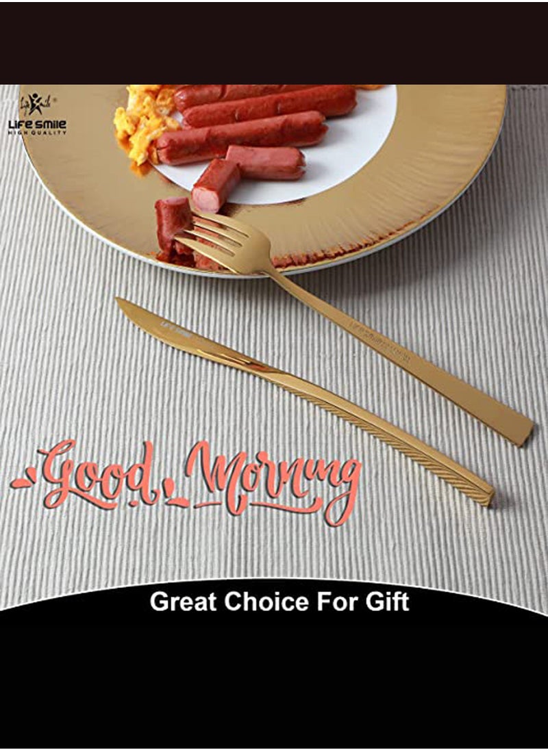 Life Smile Cutlery Set 38-Piece 18/10 Stainless Steel Spoon and Fork Set - Knife and Forks with cutlery holder - Tea & Ice Spoons, Soup Spoon, Ice Cream Spoon - Dinner & Cake Fork - Fruit Knife - Soup ladle - Rice Server - Service for 6 Gold  - Image 2