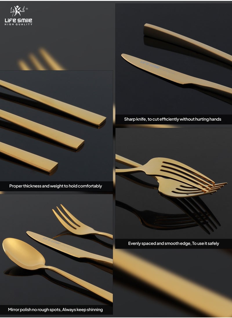 Life Smile Cutlery Set 38-Piece 18/10 Stainless Steel Spoon and Fork Set - Knife and Forks with cutlery holder - Tea & Ice Spoons, Soup Spoon, Ice Cream Spoon - Dinner & Cake Fork - Fruit Knife - Soup ladle - Rice Server - Service for 6 Gold  - Image 4
