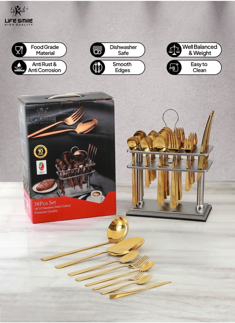 Life Smile Cutlery Set 38-Piece 18/10 Stainless Steel Spoon and Fork Set - Knife and Forks with cutlery holder - Tea & Ice Spoons, Soup Spoon, Ice Cream Spoon - Dinner & Cake Fork - Fruit Knife - Soup ladle - Rice Server - Service for 6 Gold  - Image 3