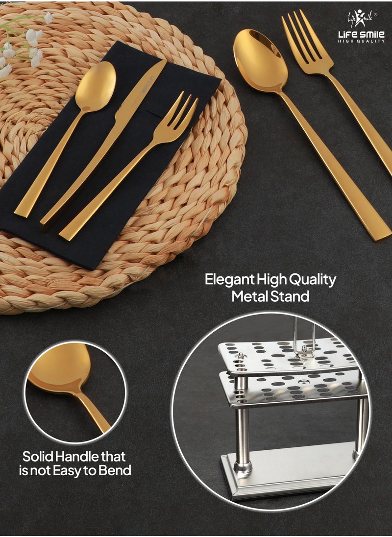 Life Smile Cutlery Set 38-Piece 18/10 Stainless Steel Spoon and Fork Set - Knife and Forks with cutlery holder - Tea & Ice Spoons, Soup Spoon, Ice Cream Spoon - Dinner & Cake Fork - Fruit Knife - Soup ladle - Rice Server - Service for 6 Gold  - Image 5