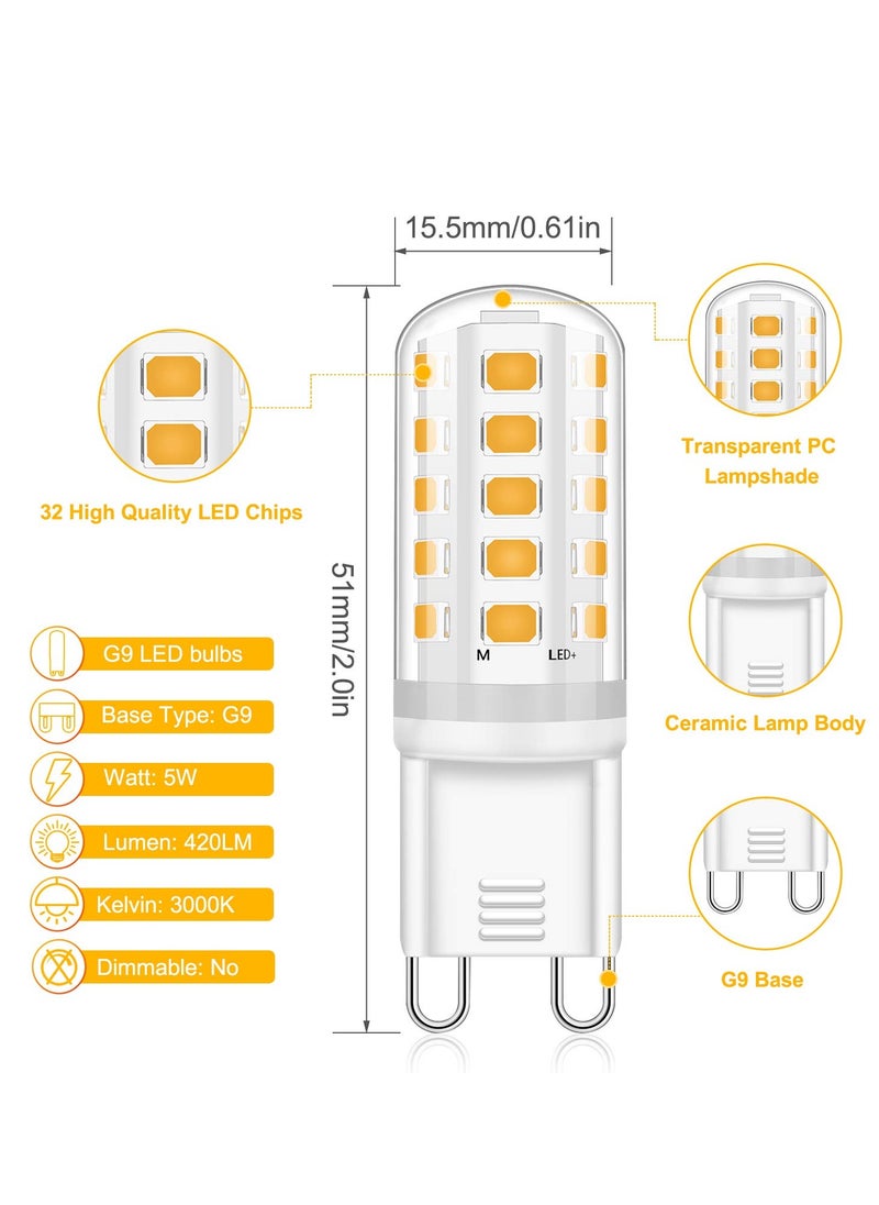 G9 LED Light Bulbs Warm White 3000K, 5W Equivalent to 40W Halogen, Non-Dimmable, 360° Beam Angle, Flicker-Free, AC 220-240V (Pack of 5)
