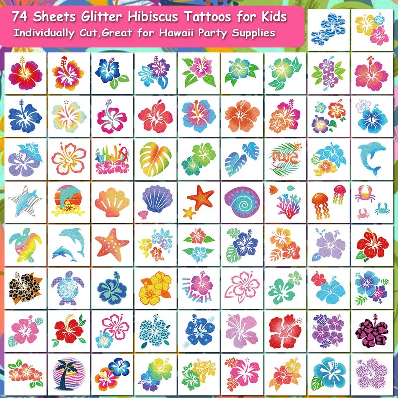 CHARLENT Glitter Hibiscus Temporary Tattoos for Aloha Party Decoration - 74 Individually Sheets Glitter Hawaii Flower Tattoos for Kids Women Hawaiian Party Favors - Image 2