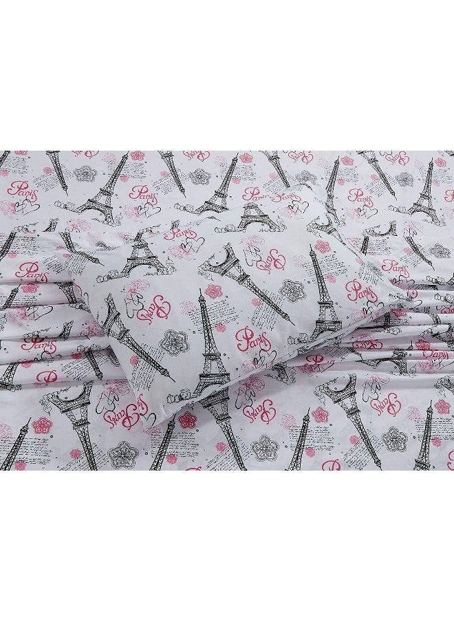 Generic Kids Zone Home Linen Collection Twin Size Comforter And Sheet Set Paris Eiffel Tower Hearts Flowers for Girls/Teens White Pink Black Pink/ Pink New  - Image 3