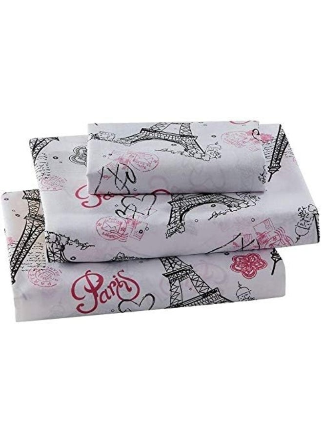 Generic Kids Zone Home Linen Collection Twin Size Comforter And Sheet Set Paris Eiffel Tower Hearts Flowers for Girls/Teens White Pink Black Pink/ Pink New  - Image 2