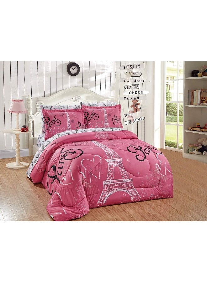 Generic Kids Zone Home Linen Collection Twin Size Comforter And Sheet Set Paris Eiffel Tower Hearts Flowers for Girls/Teens White Pink Black Pink/ Pink New  - Image 1