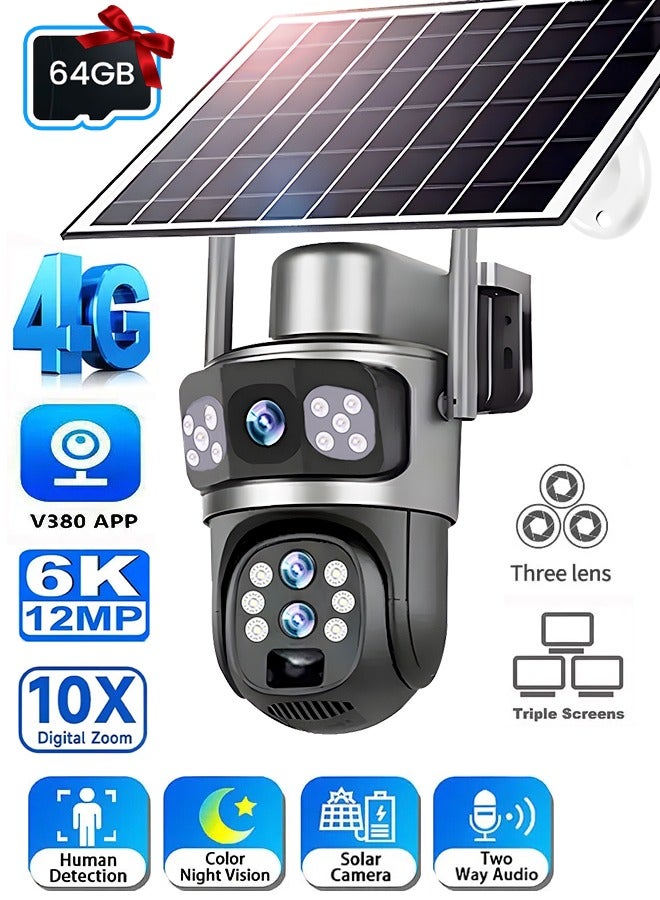 SUPER 5 10X Zoom 4G Sim Solar Camera Outdoor 6K 12MP Three Lens Security Surveillance Camera PIR Auto Tracking IP Solar CCTV V380 App - Image 1