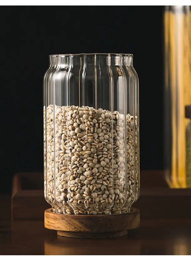 1 تشيس Borosilicate Stripe Glass Food Storage Jar With Acacia Wood Air Tight Lid, Set Of 3, 1000 ML