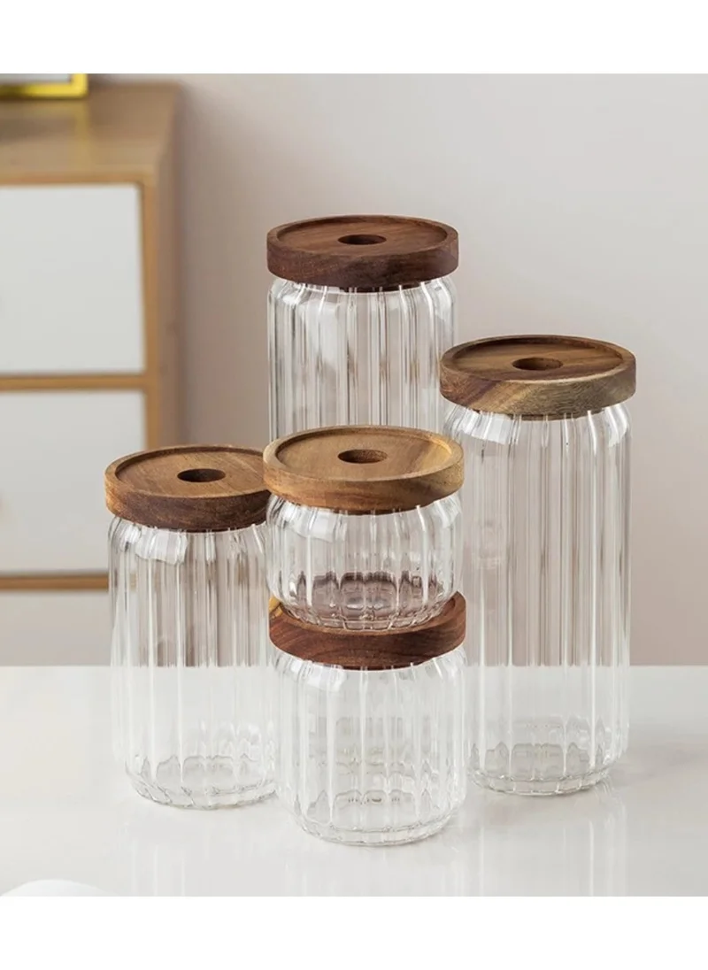 1 تشيس Borosilicate Stripe Glass Food Storage Jar With Acacia Wood Air Tight Lid, Set Of 3, 1000 ML