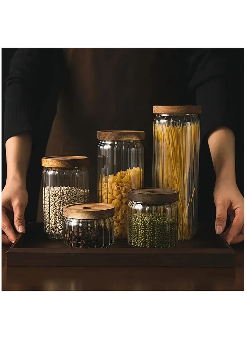 1 تشيس Borosilicate Stripe Glass Food Storage Jar With Acacia Wood Air Tight Lid, Set Of 3, 1000 ML