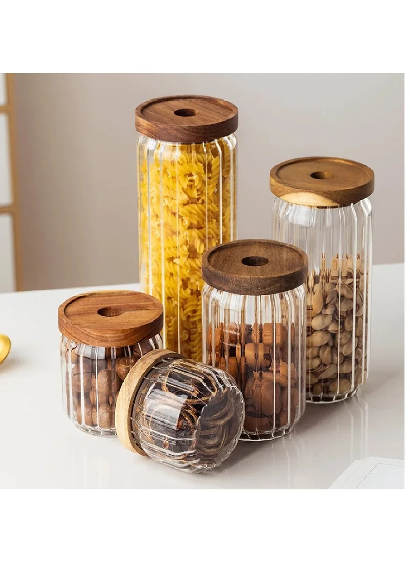 1 تشيس Borosilicate Stripe Glass Food Storage Jar With Acacia Wood Air Tight Lid, Set Of 3, 1000 ML
