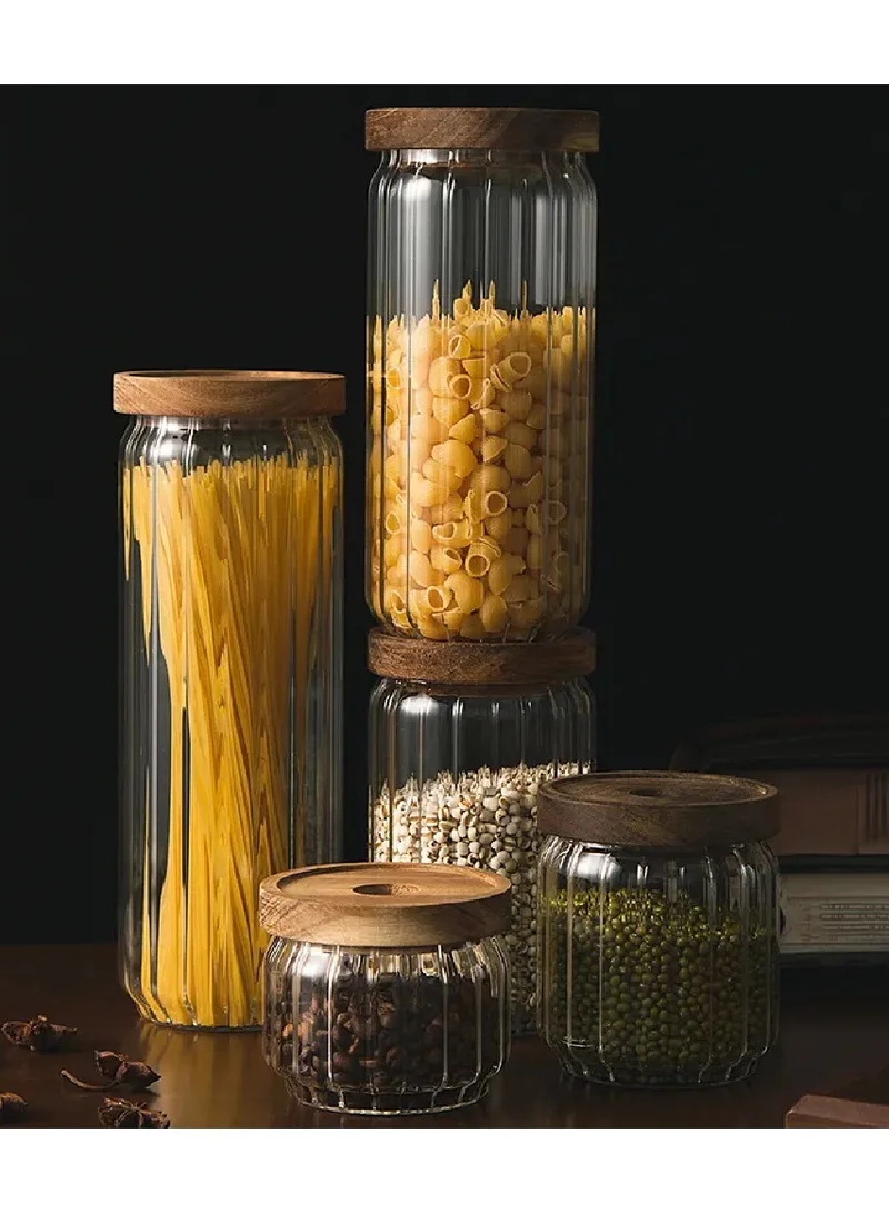 1Chase Borosilicate Stripe Glass Food Storage Jar With Acacia Wood Air Tight Lid, Set Of 3, 1000 ML