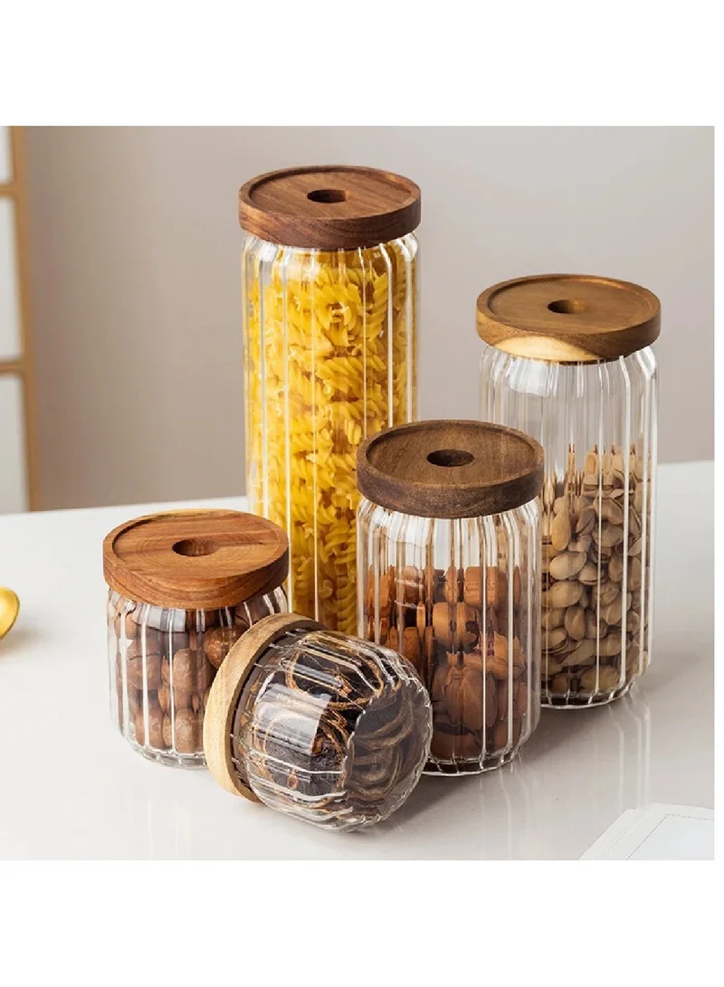 1Chase Borosilicate Stripe Glass Food Storage Jar With Acacia Wood Air Tight Lid, Set Of 3, 1000 ML