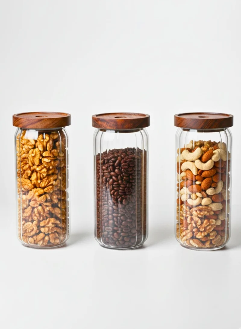 1Chase Food Storage Jars 1000ML Set of 3 – Stripe Borosilicate Glass with Acacia Lids