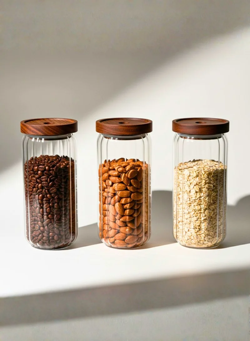 1Chase Food Storage Jars 1000ML Set of 3 – Stripe Borosilicate Glass with Acacia Lids