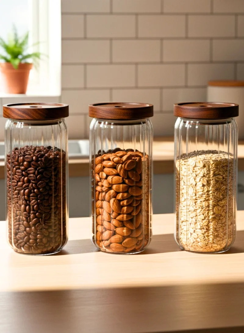 1Chase 1000ml Food Storage Jars 1000ML Set of 3 – Stripe Borosilicate Glass with Acacia Lids  | Best Price UAE