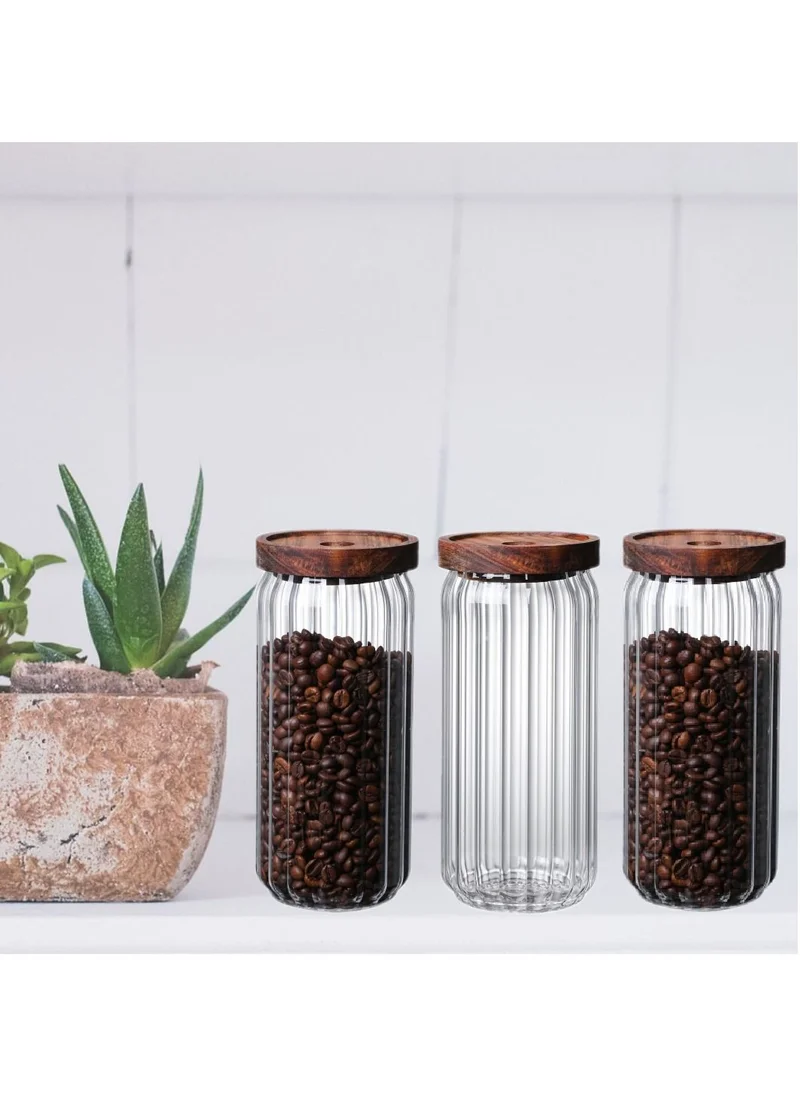 1Chase Borosilicate Stripe Glass Food Storage Jar With Acacia Wood Air Tight Lid, Set Of 3, 1000 ML