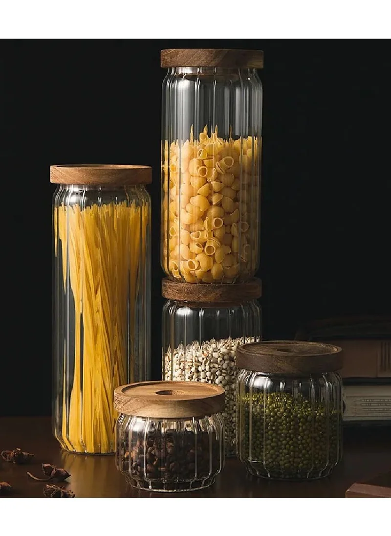 1Chase Borosilicate Stripe Glass Food Storage Jar With Acacia Wood Air Tight Lid, Set Of 3, 1000 ML