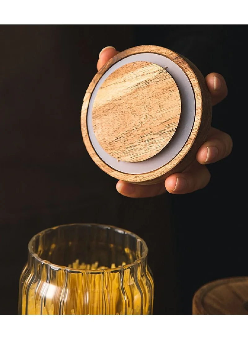 1Chase Borosilicate Stripe Glass Food Storage Jar With Acacia Wood Air Tight Lid, Set Of 3, 1000 ML