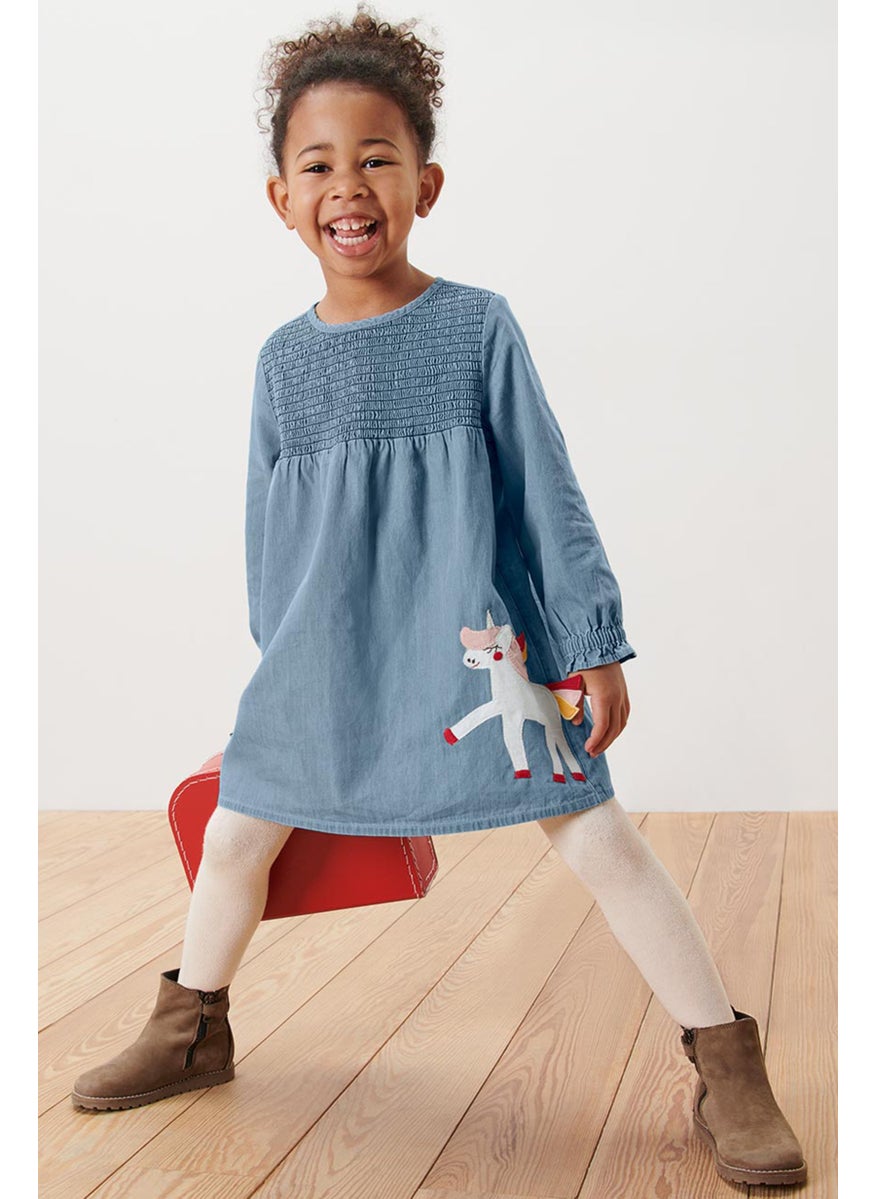 Tchibo Kids Girl Long Sleeves Graphic Print Dress, Blue  - Image 1