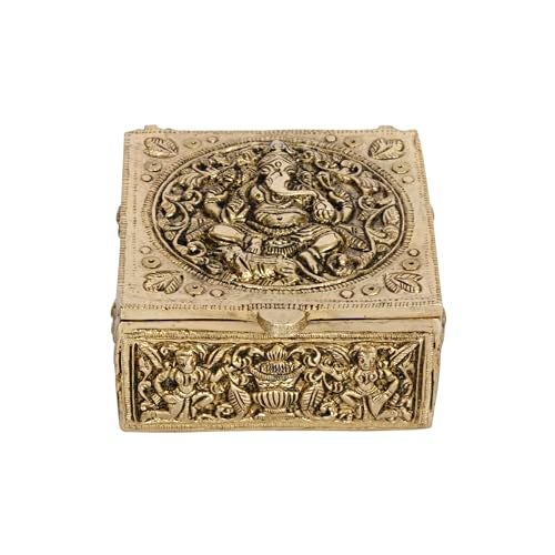 Kartique Brass Brass Ganesha Decorative Box for Jewellery and Keepsakes in Gold Color 4x4.5x2 Inch - Image 1