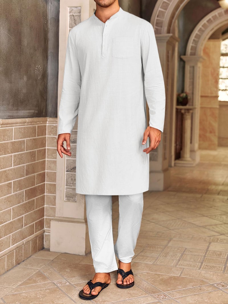 Gafeng Mens Kaftan Robe Button Down Long Sleeve Henley Cotton Thobe Casual Side Split Gown Shirt White - Image 3