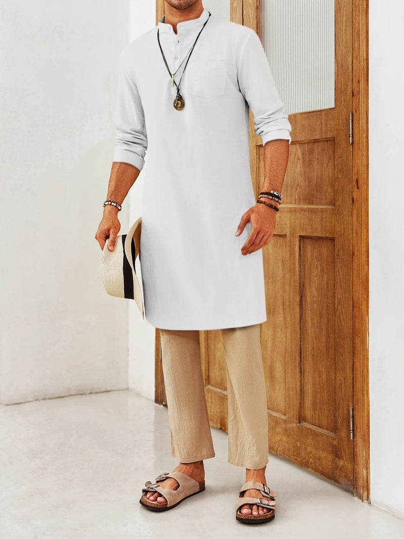 Gafeng Mens Kaftan Robe Button Down Long Sleeve Henley Cotton Thobe Casual Side Split Gown Shirt White - Image 5