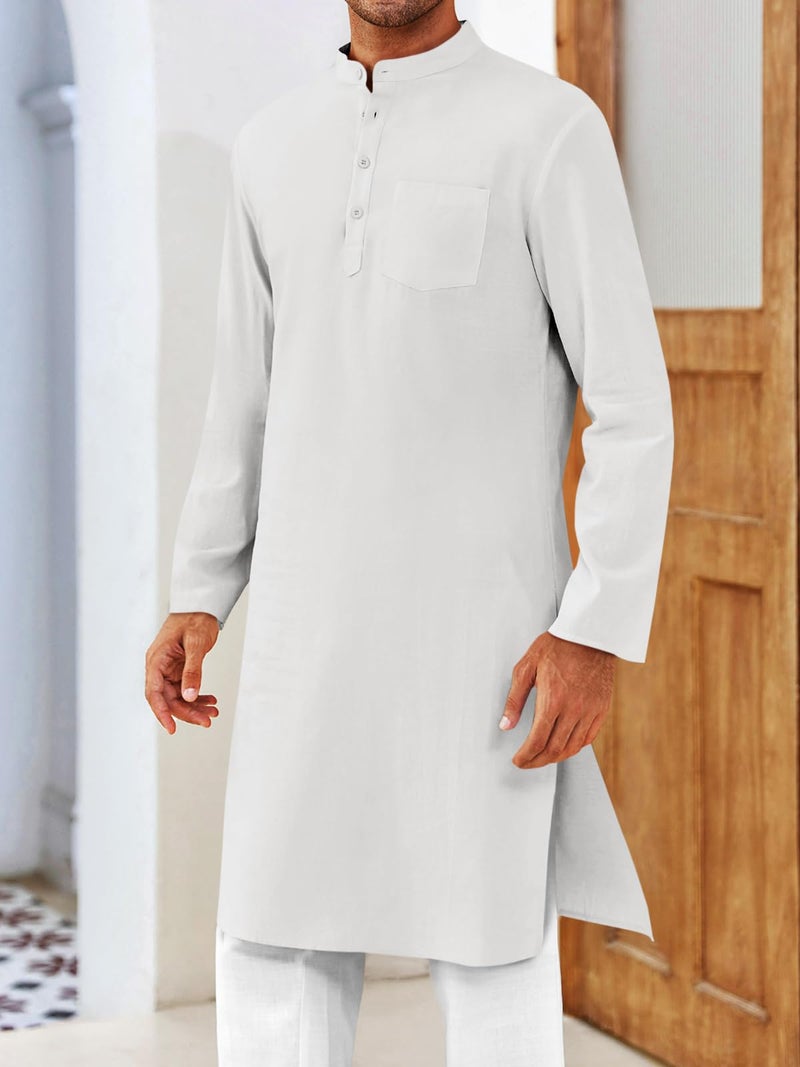 Gafeng Mens Kaftan Robe Button Down Long Sleeve Henley Cotton Thobe Casual Side Split Gown Shirt White - Image 4