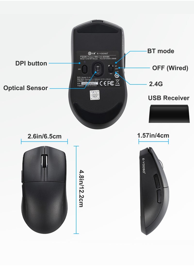 E-YOOSO - X-44 PRO 4K Wireless Gaming Mouse, 49g Superlight, Bluetooth 5.1/2.4G/Wired, 26,000 DPI, 5 Programmable Buttons, 150 Hr Rechargeable Battery, Software Support for PC, Mac, Black - Image 1
