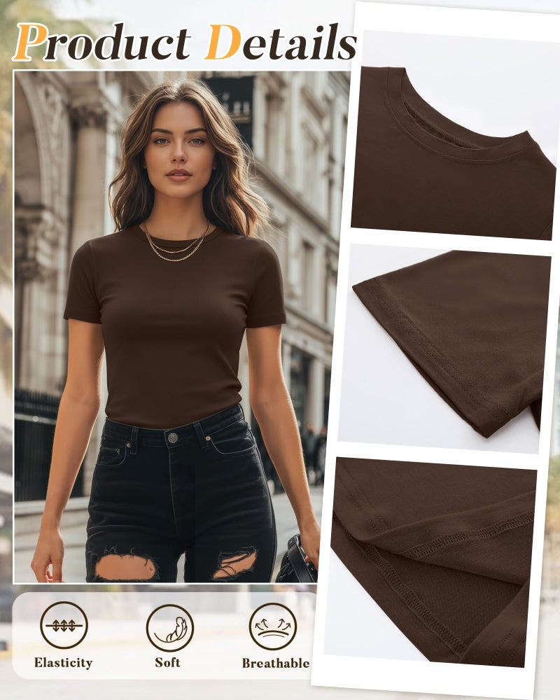Ficerd 4 Pack Women's Basic Short Sleeve Shirts Slim Fitted Crew Neck Tees Casual Cotton Blend Summer Tops(Large,Brown, Cream, Light Gray, Black) - Image 4