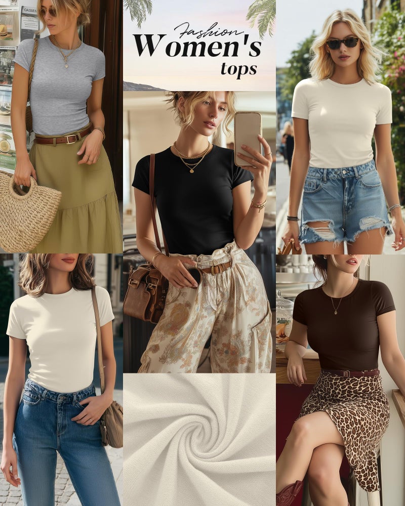 Ficerd 4 Pack Women's Basic Short Sleeve Shirts Slim Fitted Crew Neck Tees Casual Cotton Blend Summer Tops(Large,Brown, Cream, Light Gray, Black) - Image 2