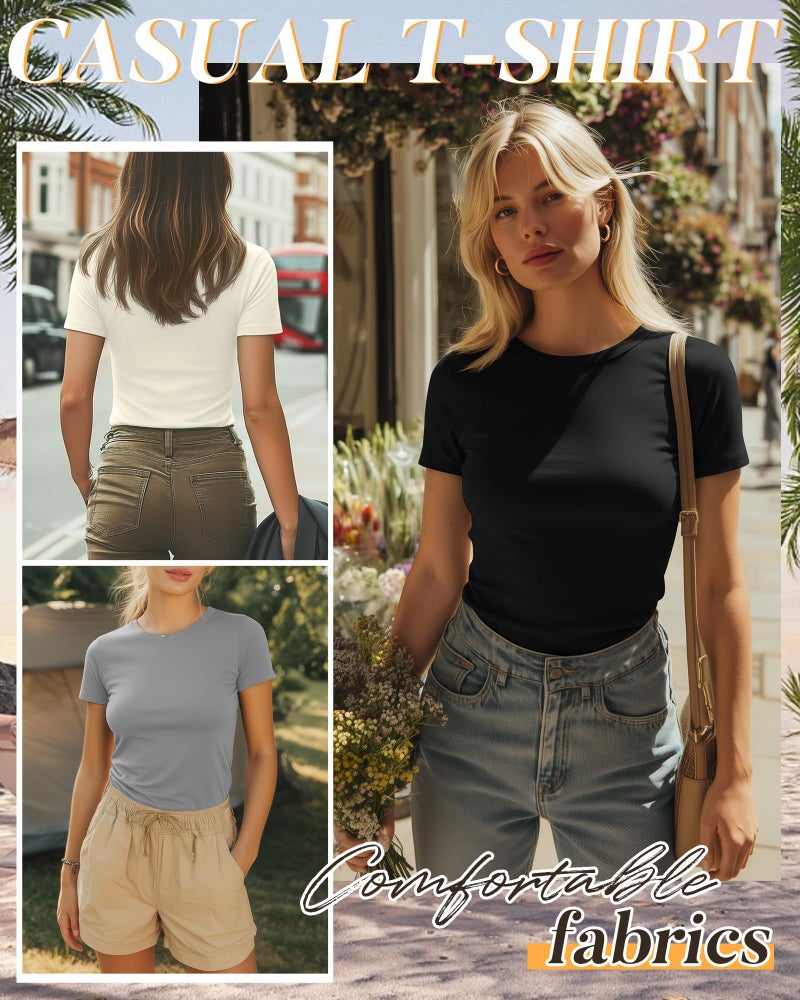 Ficerd 4 Pack Women's Basic Short Sleeve Shirts Slim Fitted Crew Neck Tees Casual Cotton Blend Summer Tops(Large,Brown, Cream, Light Gray, Black) - Image 5