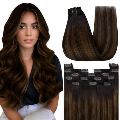 YoungSee Balayage Clip in Hair Extensions Dark Brown Human Hair Clip in Extensions Balayage Dark Brown Mix Medium Brown Hair Extension Clip ins Short Hair 85G 7Pcs 12Inch - Image 1