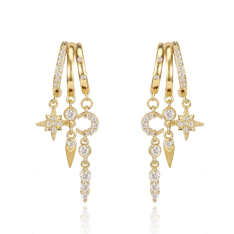 Medsor Gold Dangle Earrings for Women 14k Gold Plated Moon and Star Earrings Triple Huggie Hoop Earrings for Women Dainty Trendy Stud Jewelry - Image 1