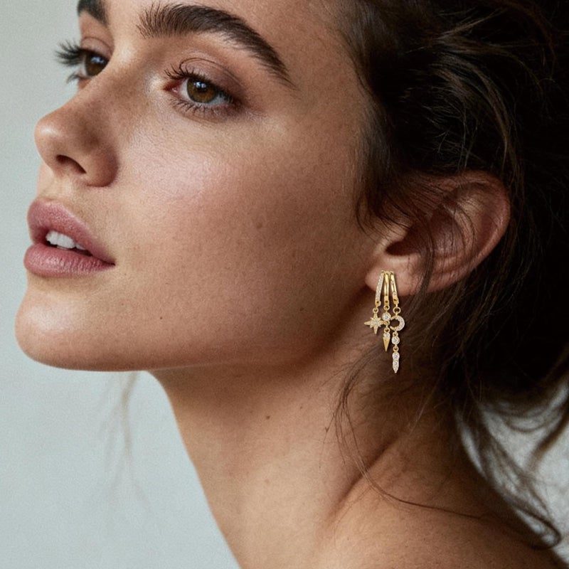 Medsor Gold Dangle Earrings for Women 14k Gold Plated Moon and Star Earrings Triple Huggie Hoop Earrings for Women Dainty Trendy Stud Jewelry - Image 3