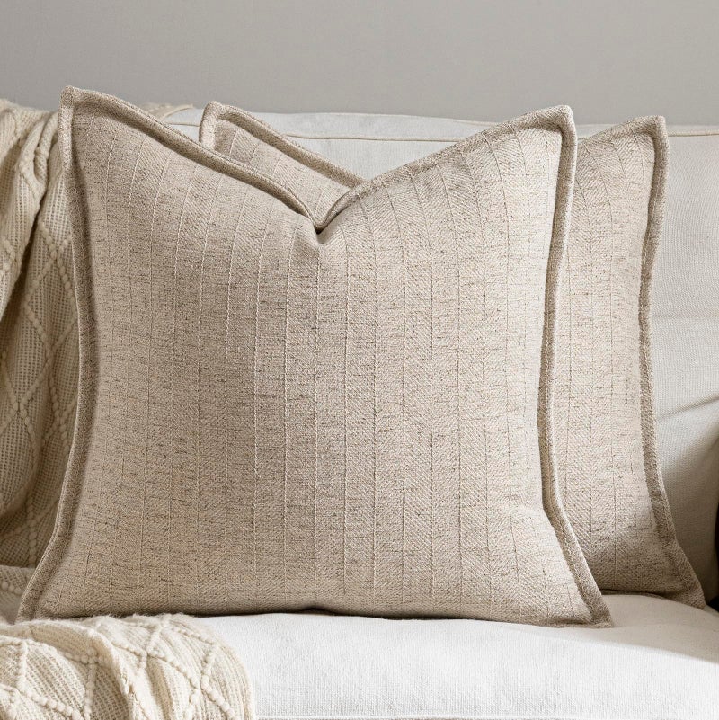 DEZENE 20x20 Linen Pillow Covers Natural Beige Pack of 2 Farmhouse Boho Neutral Accents Striped Textured Square Decorative Throw Pillow Cases for Living Room Couch Bed Home Decor - Image 1